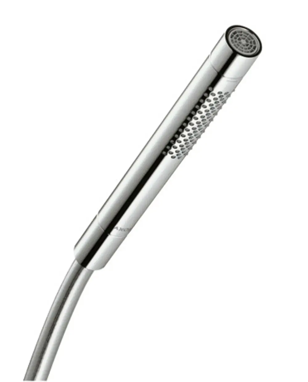 Handbrause von AXOR mit einem schlanken, verchromten Design und einem flexiblen Schlauch. Die Kopfplatte hat ein Gittermuster für Strahlregulation.